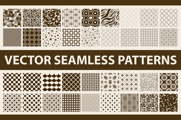 Retro styled vector seamless pattern pack: abstract, vintage, technology and geometric. 36 brown and ivory elements. Vector illustration