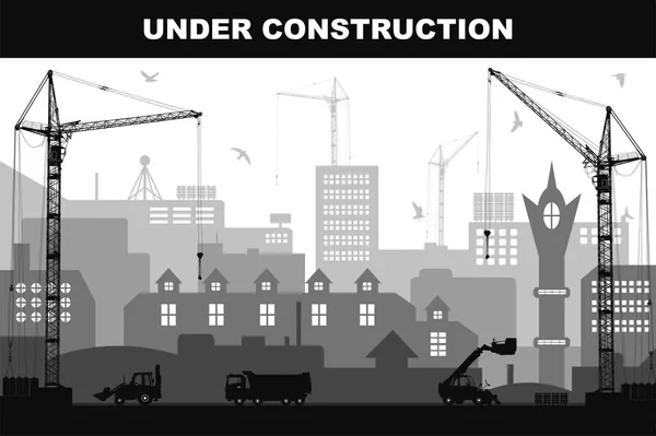 "Em construção "conceito no canteiro de obras na cidade com silhuetas detalhadas de máquinas de construção. Ilustração vetorial — Vetor de Stock