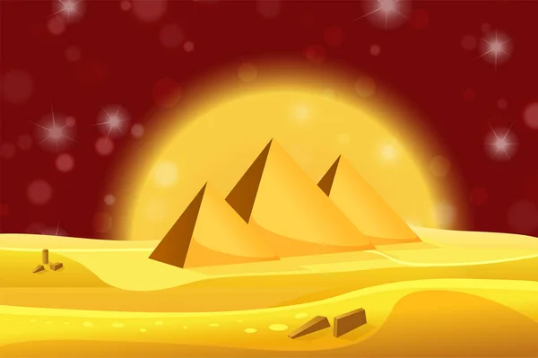 Karikatur ägyptischer Pyramiden in der Wüste mit rotem Nachthimmel. Vektorillustration — Stockvektor