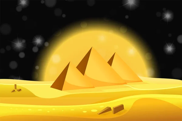 Karikatur ägyptischer Pyramiden in der Wüste mit schwarzem Nachthimmel. Vektorillustration — Stockvektor
