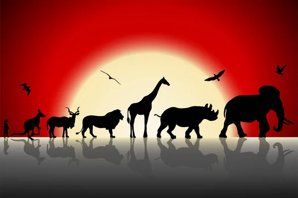 Silhouettes of wild animals on red sunset background. Vector illustration — Stock Vector