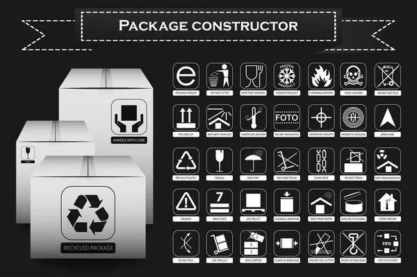 Package constructor. Packaging symbols. Icon set including waste recycling, fragile, flammable, this side up, handle with care, keep dry and others. Vector illustration — Stock Vector