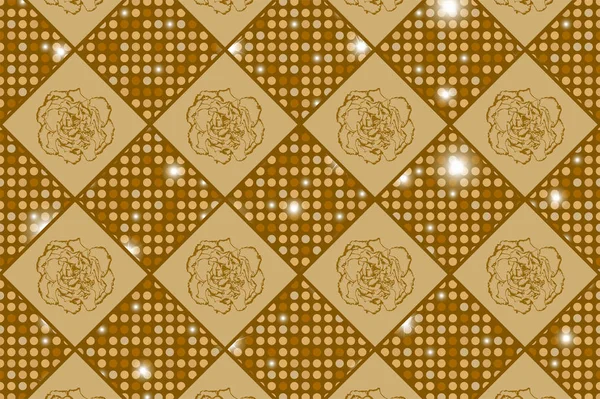 Textura vintage de ajedrez sin costuras doradas con flores de clavo y rondas brillantes. Ilustración vectorial — Archivo Imágenes Vectoriales