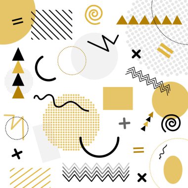 Beyaz ve altın soyut geometrik kaotik desen. Memphis tarzı. Moda, kartları, posterler, sunumlar, web tasarımı vb için kullanın.