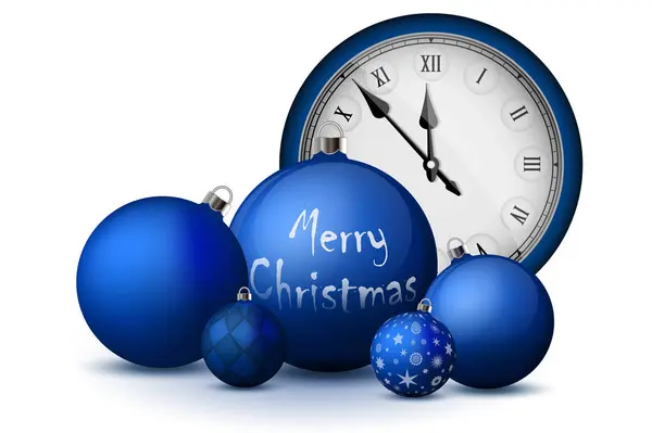 Decoraciones de Navidad y Año Nuevo. Bolas azules de Navidad con soportes de plata y reloj vintage. Conjunto de objetos realistas aislados — Foto de Stock