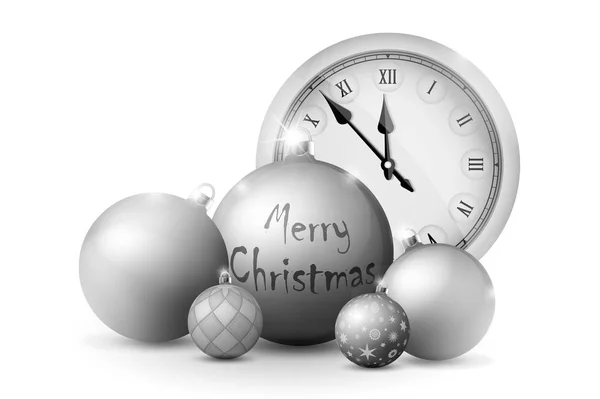Xmas en nieuw jaar decoraties. Zilveren kerstballen met zilveren houders en vintage horloge. Set realistische objecten geïsoleerd — Stockfoto