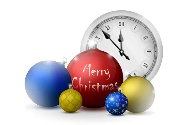 Xmas en nieuw jaar decoraties. Veelkleurige kerstballen met zilveren houders en vintage horloge. Set realistische objecten geïsoleerd — Stockfoto