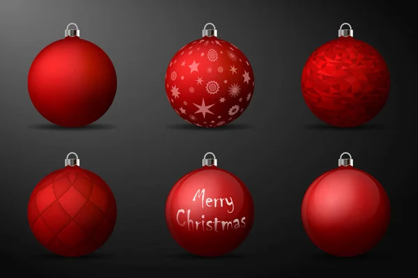 Gümüş sahipleri ile kırmızı Noel topları. İzole gerçekçi süslemeleri siyah set — Stok fotoğraf