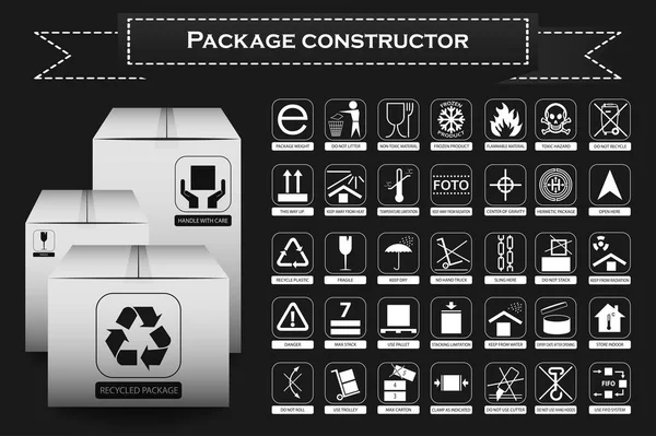 Packaging symbols. Icon set including waste recycling, fragile, flammable, this side up, handle with care, keep dry and others — Stock Photo, Image