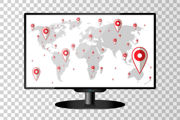 Современный телевизионный монитор изолирован. Карта мира с булавками. Векторная иллюстрация
