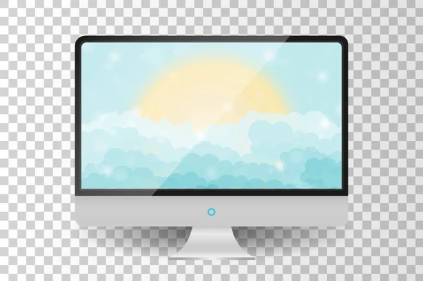 Monitor TV moderno metallico realistico isolato. Cartone animato blu cielo nuvoloso splendente con il sole. Illustrazione vettoriale — Vettoriale Stock