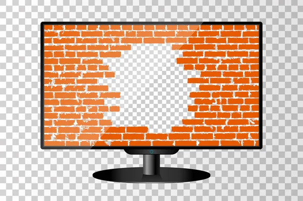 Realistische moderne televisiescherm geïsoleerd. Gebroken bakstenen muur concept achtergrond. Vectorillustratie — Stockvector