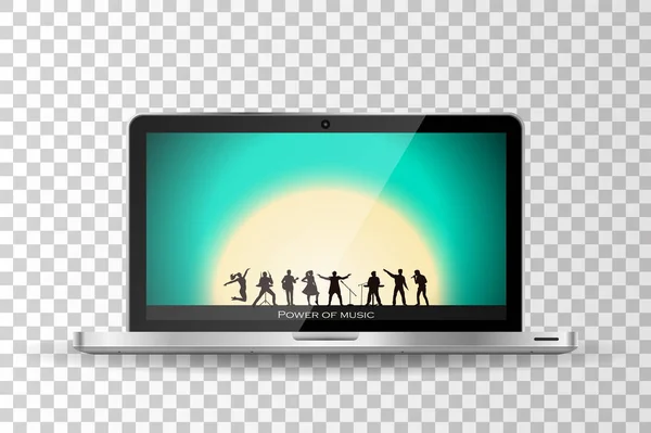 Realistische moderne laptop geïsoleerd. Band Toon op zonsondergang achtergrond. Vectorillustratie — Stockvector