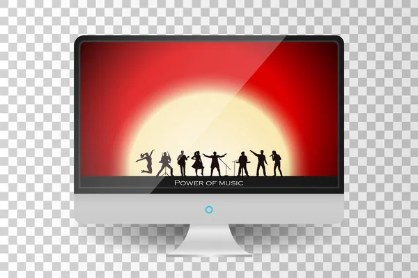 Monitor de TV moderno metálico realista aislado. Espectáculo de banda sobre fondo del atardecer. Ilustración vectorial — Vector de stock