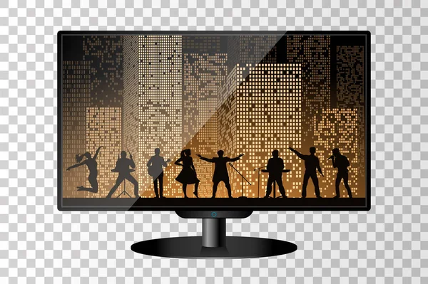 Monitor de televisión moderno realista aislado. Espectáculo de banda en el fondo de la ciudad. Ilustración vectorial — Archivo Imágenes Vectoriales