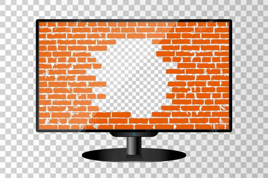 Realistic modern TV monitor isolated. Broken brick wall concept background. Vector illustration