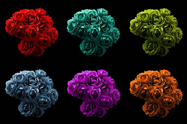 Pacote de arbustos cromados escuros surreais coloridos de rosas macro flores isoladas em preto — Fotografia de Stock