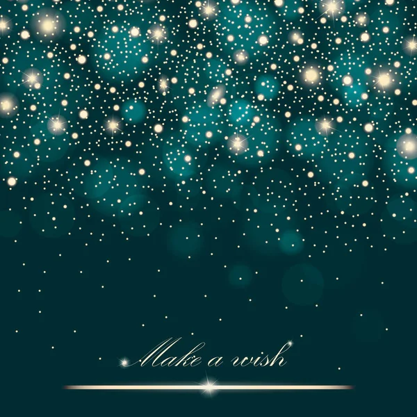 Gold glitter particles background effect for luxury greeting rich card. Sparkling texture. Star dust sparks in explosion on turquoise background