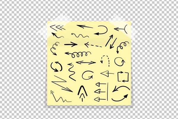 Conjunto de setas desenhadas à mão grunge no adesivo de papel de escritório amarelo com sombra isolada. Ilustração vetorial —  Vetores de Stock
