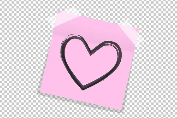 Coeur noir dessiné à la main sur autocollant papier de bureau rose avec ombre isolée. Illustration vectorielle — Image vectorielle