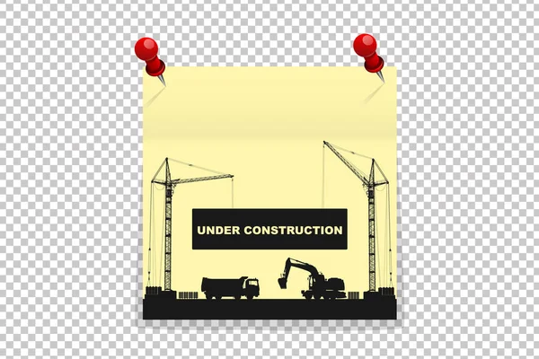 Under construction concept on yellow office paper sticker on red pins with shadow isolated. Vector illustration — Stock Vector