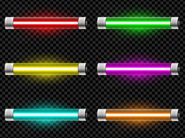 Gerçekçi neon tüp ışık paketi üzerinde izole koyu şeffaf arka plan. Vektör çizim