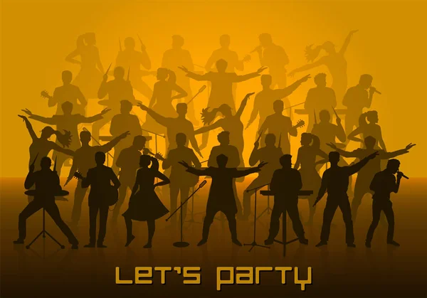 Låt oss festa koncept. Uppsättning av silhuetter av musiker, sångare och dansare. Vektorillustration — Stock vektor
