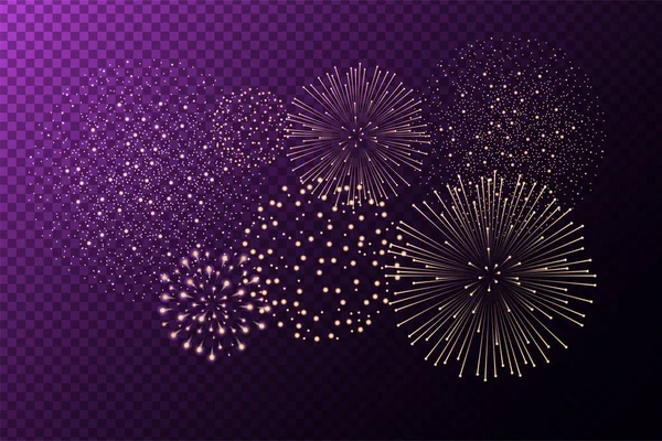 Феєрверки ізольовані на фіолетовому прозорому фоні. Концепція Дня Незалежності. Святковий та святковий фон. Векторні ілюстрації — стоковий вектор