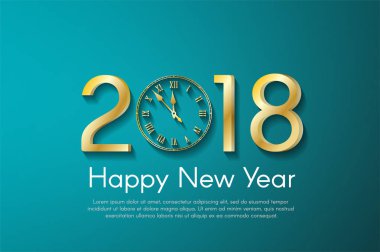 Turkuaz zemin üzerine altın yeni yıl 2018 kavramı. Vektör tebrik kartı çizim golden numaraları ve vintage saat