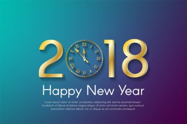 Altın yeni yıl 2018 kavramı mavi ve mor zemin üzerine. Vektör tebrik kartı çizim golden numaraları ve vintage saat