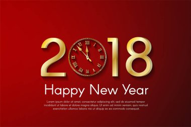 Altın yeni yıl 2018 kavramı kırmızı zemin üzerine. Vektör tebrik kartı çizim golden numaraları ve vintage saat