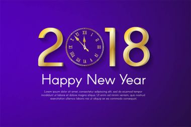 Mor zemin üzerine altın yeni yıl 2018 kavramı. Vektör tebrik kartı çizim golden numaraları ve vintage saat