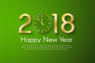Yeşil zemin üzerine altın yeni yıl 2018 kavramı. Vektör tebrik kartı çizim golden numaraları ve vintage saat