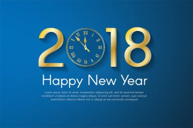 Altın yeni yıl 2018 kavramı mavi zemin üzerine. Vektör tebrik kartı çizim golden numaraları ve vintage saat
