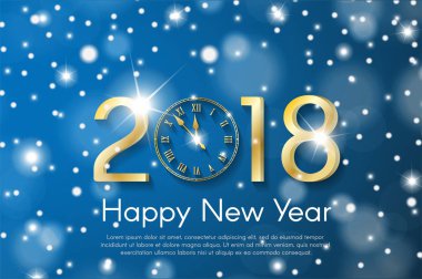  Altın yeni yıl 2018 kavramı mavi kar bulanık arka plan üzerinde. Vektör tebrik kartı çizim golden numaraları ve vintage saat
