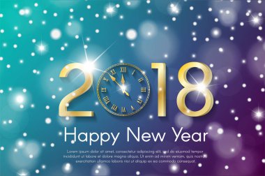  Altın yeni yıl 2018 kavramı mavi ve mor kar bulanık arka plan üzerinde. Vektör tebrik kartı çizim golden numaraları ve vintage saat
