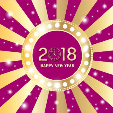 Retro pembe ve altın arka plan ışığı ile parlayan altın çember vintage banner. Yeni yıl 2018 kavramı. Vektör çizim