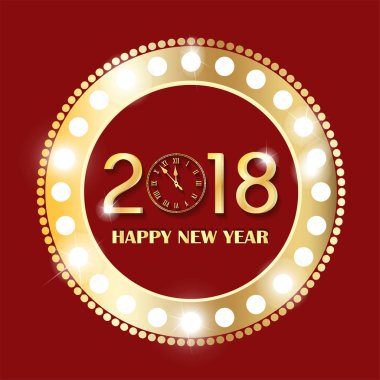 Retro altın ve kırmızı parlayan ışıklar açık siyah arka plan ile daire vintage banner. Yeni yıl 2018 kavramı. Vektör çizim