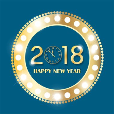 Retro altın ve maviyi parlayan ışıklar açık siyah arka plan ile daire vintage banner. Yeni yıl 2018 kavramı. Vektör çizim