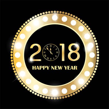 Retro altın çember vintage afiş ışıkları ile siyah arka plan üzerinde parlayan. Yeni yıl 2018 kavramı. Vektör çizim