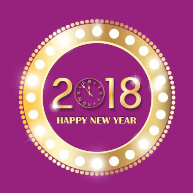 Retro altın ve pembe parlayan ışıklar açık siyah arka plan ile daire vintage banner. Yeni yıl 2018 kavramı. Vektör çizim