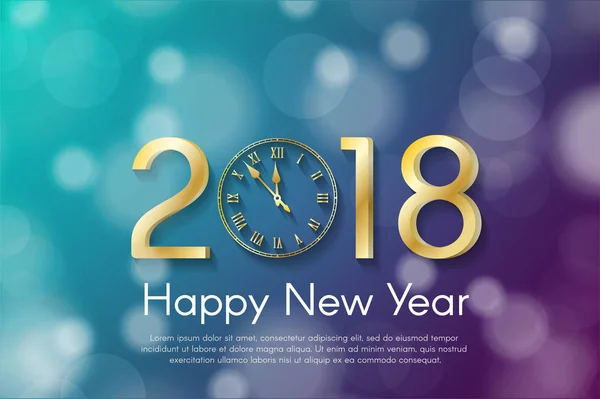 Golden New Year 2018 concept on cyan and violet blurry background. Vector greeting card illustration with golden numbers and vintage clock