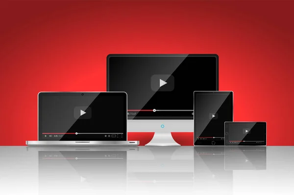 Reális modern digitális eszközök, a gondolatok, piros háttér beállítása Videó lejátszó sablon. Vektoros illusztráció — Stock Vector