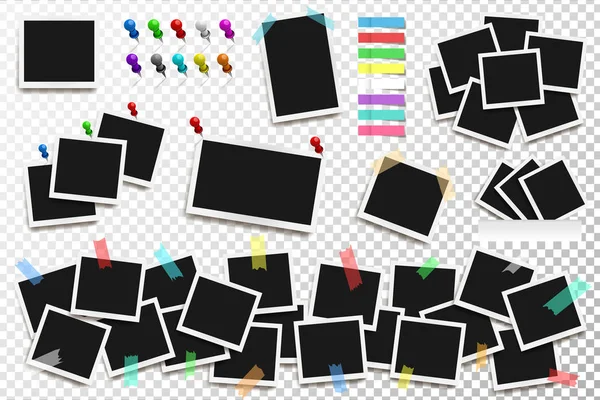 Set aus realistischen Vektorrechteckrahmen, Pins und Papieraufklebern auf transparentem Hintergrund. Vektorillustration — Stockvektor