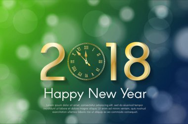  Yeşil ve mavi bulanık zemin üzerine altın yeni yıl 2018 kavramı. Vektör tebrik kartı çizim golden numaraları ve vintage saat