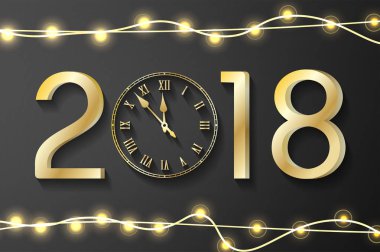  Siyah arka plan üzerine altın yeni yıl 2018 kavramı ile gerçekçi Noel ışıkları. Vektör tebrik kartı çizim altın numaraları ve vintage saat