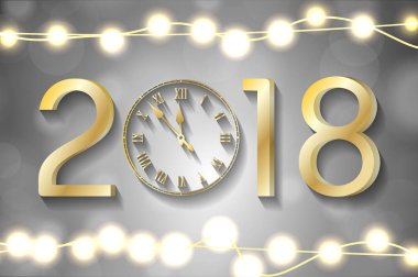  Altın yeni yıl 2018 kavramı gerçekçi Noel ışıkları ile arka plan parıldıyor. Vektör tebrik kartı çizim altın numaraları ve vintage saat