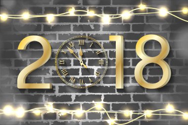  Altın yeni yıl 2018 kavramı ile gerçekçi Noel ışıkları tuğla duvar arka plan. Vektör tebrik kartı çizim altın numaraları ve vintage saat