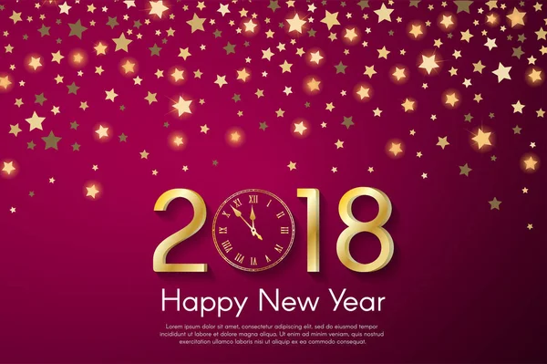 Golden New Year 2018 concept on purple blurry starfall background. Vector greeting card illustration with golden numbers and vintage clock