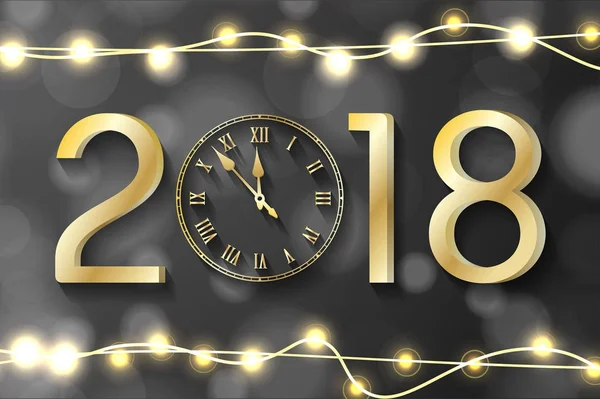 Goldenes Neujahrskonzept 2018 mit realistischer Weihnachtsbeleuchtung auf schwarzem Hintergrund. Vektor-Grußkarten-Illustration mit Goldzahlen und Vintage-Uhr — Stockvektor